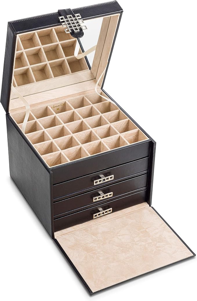 Glenor Co Earring Organizer Holder - 75 Small & 4 Large Slots Classic Jewelry Box with Drawer & Modern Closure, Mirror, 4 Trays Earrings, Ring or Chain Storage - PU Leather Case - Black - Image 3