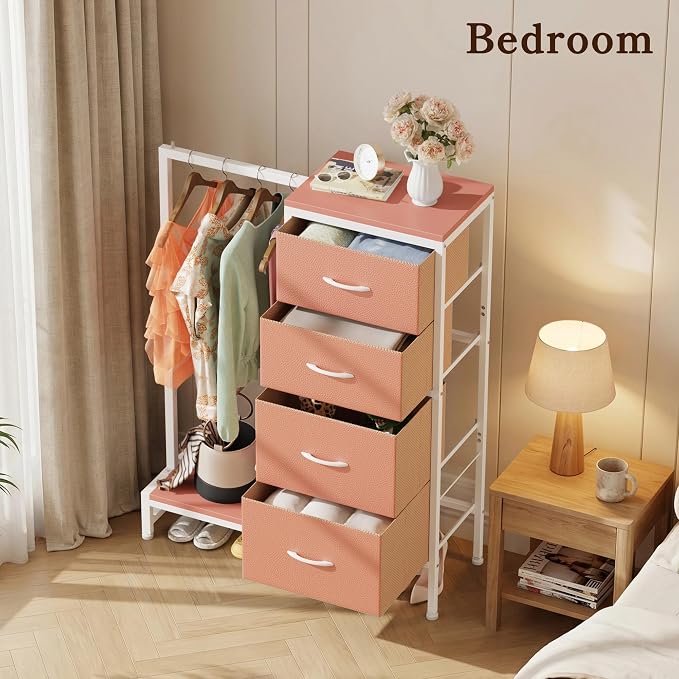 HIGDBFE Dresser with Hanging Rack, 4 Drawers Small Closet for Bedroom, Reversible Fabric Kids Chest of Drawers with Clothes Rack, Tall Storage Tower, Sturdy Frame, Pink, 44''H - Image 8