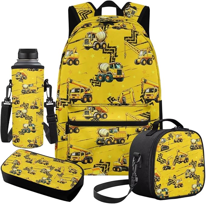 Teen Boy Backpack Truck Yellow Bookbag and Lunch Box Set for Boys Cool Backpack for Middle School Boy Back to School Gift Supplies 17 inch Bookbag Set of 4 - Image 2