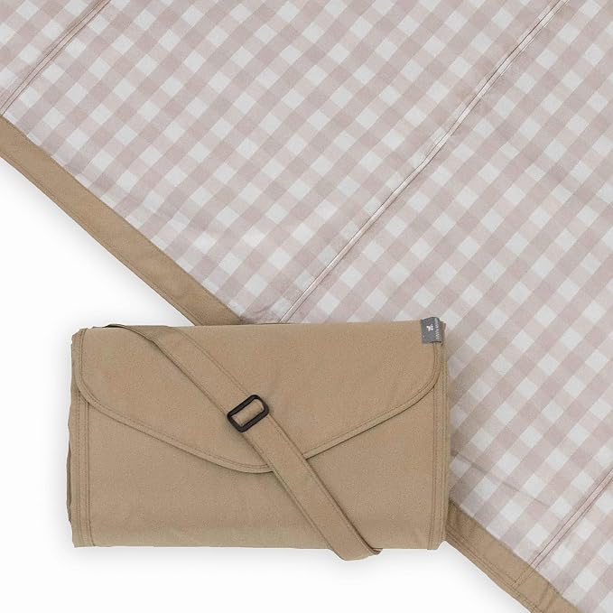 Little Unicorn 5'x10' XL Outdoor Family Picnic & Beach Blanket | Durable & Water-Resistant Fabric | Compact Fold & Easily Wipes Clean | Zipper Pocket (Beige Buffalo Check) by LittleUnicorn