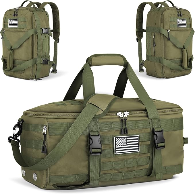 Gym Bags for Men, Large Tactical Duffle Backpack with Shoe Compartment, 3 in 1 Carry on Bag Travel Backpack with Wet Pocket, Weekender Overnight Range Bag for Workout Football Gym, Green by ETRONIK