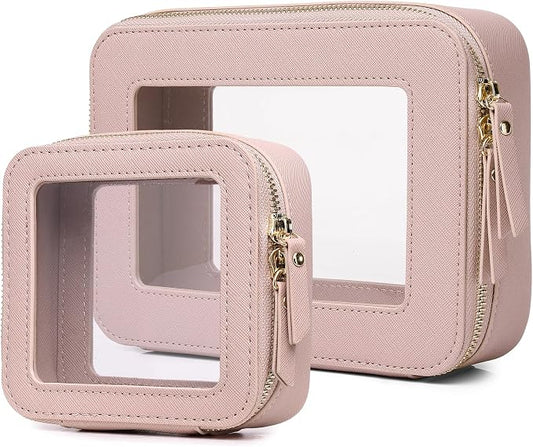 Pinkmik Clear Makeup Bag Waterproof Travel Case for Cosmetics and Toiletries Women's Purse Organizer and Clear Car Bag with Zipper (Pink, M+MINI) by Pinkmik