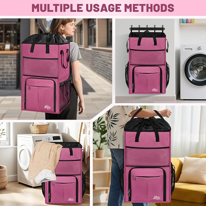 170L Laundry Backpack Bag with 3 Sizes Mesh Wash Bags Empty, Extra Large 2 in 1 Laundry Hamper Basket with Shoulder Straps, Freestanding Laundry Bag for College Dorm, Laundromat, Apartment (Pink) - Image 5