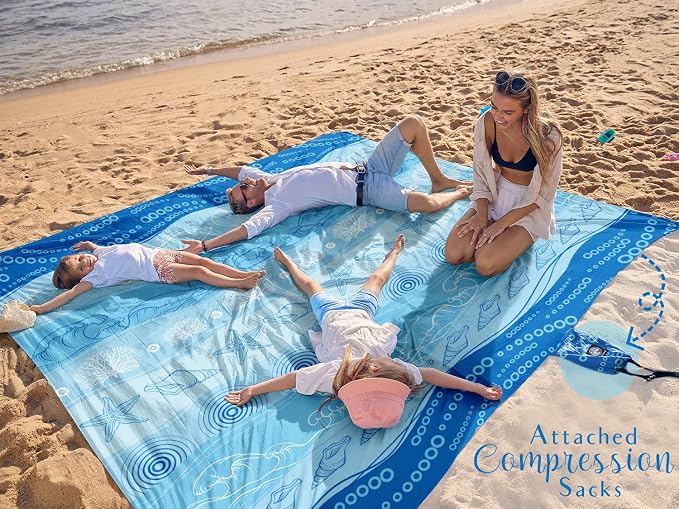 WEKAPO Beach Blanket Waterproof Sandproof Oversized Extra Large Sand Free Beach Mat with Stakes, Storage Bag - Essentials for Outdoor Beach, Picnic (Bohemian Starfish, 11 X 9 FT (1~10 Person)) - Image 2
