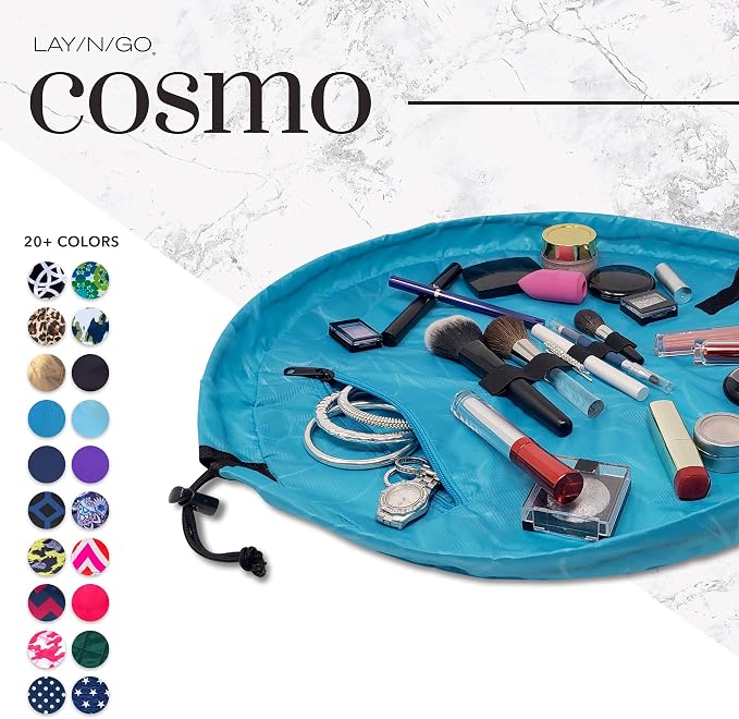 Lay-n-Go Cosmo Layflat Drawstring Cosmetic & Makeup Bag Organizer w/Zipper Pocket, Brush Loops & More, Cinch to Close, Lay Flat to Use, Durable, Machine Wash, Travel Toiletry Bag (20", Ocean Blue) - Image 5