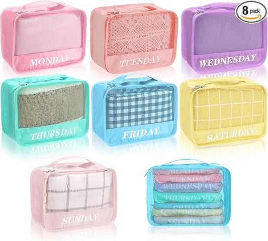 Days of Week Packing Cubes Summer Camp Essentials Weekly Organizer Storage Bag School Clothes for Travel Kids Family(9x7x3inch,Macaron,8) by Yeyeplum