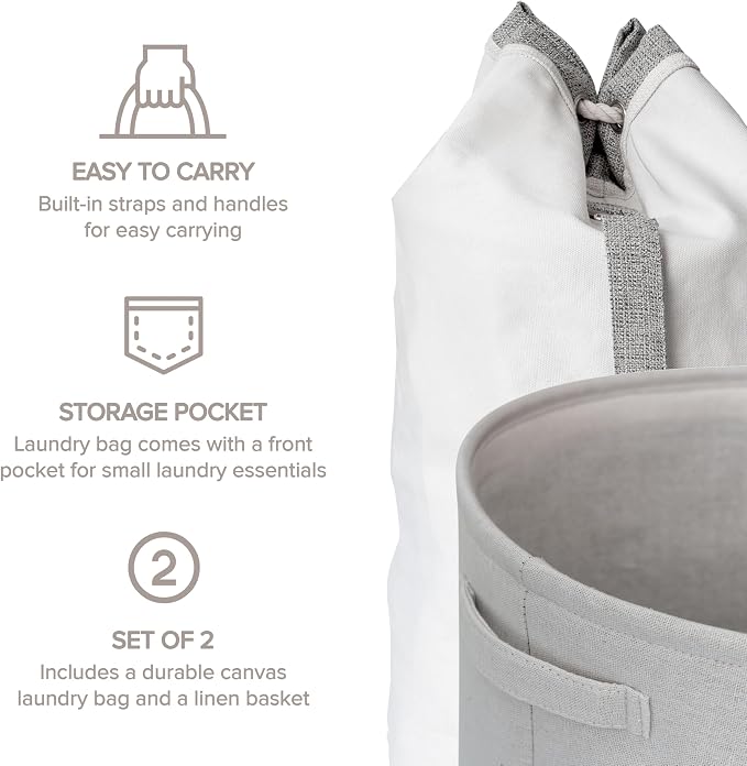 RGI Home 2-Piece Laundry Bag and Basket Set with Easy-Carry Handles, Heavy Duty Canvas and EVA, Durable and Stylish for Laundry Storage, Cream with Light Gray and White Accents - Image 4