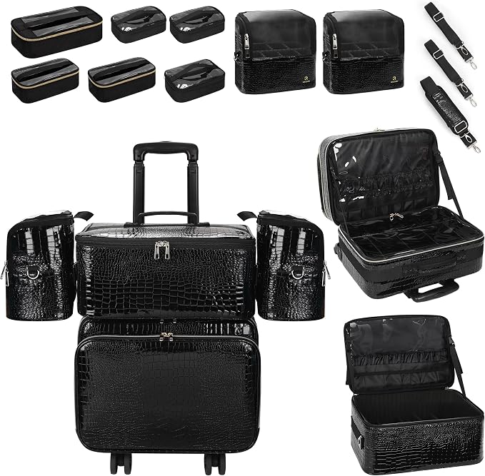OCHEAL 18" Rolling Makeup Case, Professional 4-in-1 Trolley Case | 3-Layer, Large Cosmetic Organizer with Wheels,Large Makeup Case & Double Brush Organizer, 6 Travel Bags by OCHEAL