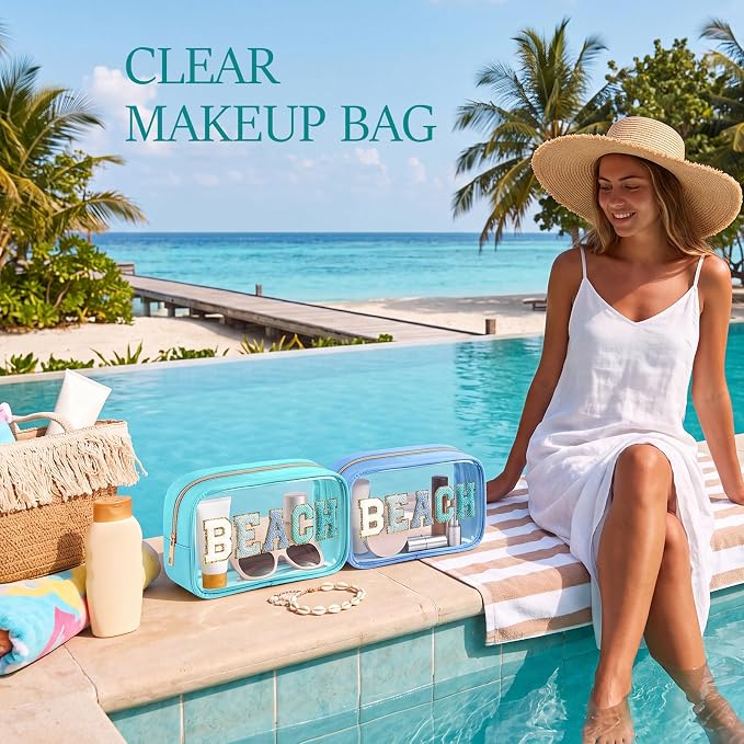 Kacctyen 10 Pcs Beach Clear Makeup Bags with Zipper in 5 Assorted Colors, Chenille Letter Sunscreen Bags Bulk, Waterproof Clear Toiletry Bag for Women Beach Pool Trip & Summer Birthday Party Favors - Image 7