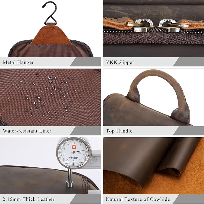 Masa Kawa Leather Hanging Travel Toiletry Bag for Men Portable Expandable Camping Cosmetics Makeup Toiletries Organizer Vintage Bathroom Shaving Kit Brown Wash Bags - Image 6