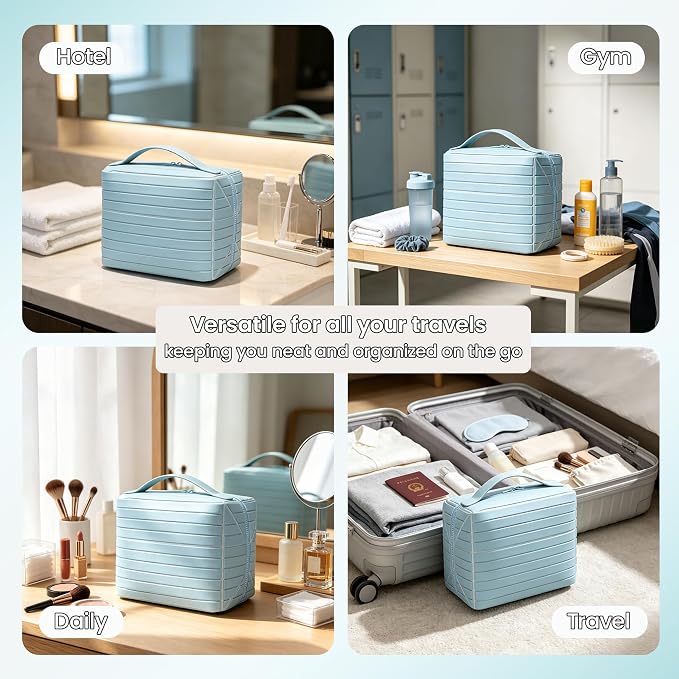 Fold Down Standing Makeup Bag – Large Travel Toiletry Organizer (Blue) | Parallel Design and Adjustable Dividers, Stands Upright or Folds Flat. Multiple Pockets Fit Full‑Size Cosmetics & Toiletries. - Image 2