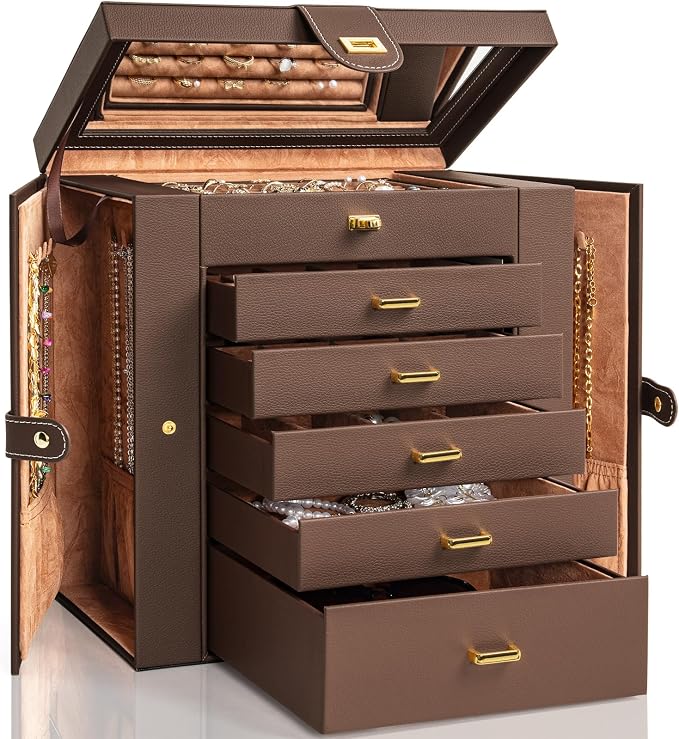 AKOZLIN 6-Tier Jewelry Box Organizer Functional 5 Drawers Leather Jewelry Storage Case for Women Girls Ring Necklace Earring Bracelet Holder Organizer with Mirror Extra Large Brown by AKOZLIN