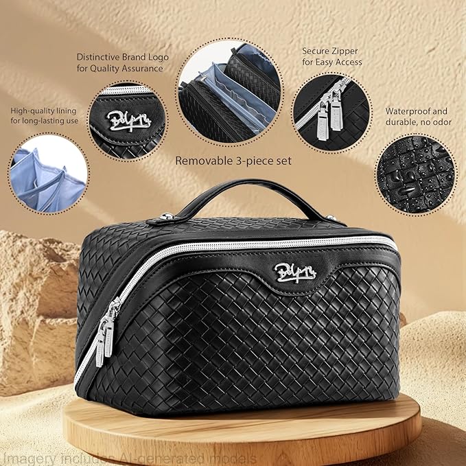 BOYATU Travel Makeup Bags for Women: 3 Pcs Large Make up Bags Set - Vegan Leather Cosmetic Bag for Traveling - Waterproof Toiletry Organizer (L05 Black) - Image 2