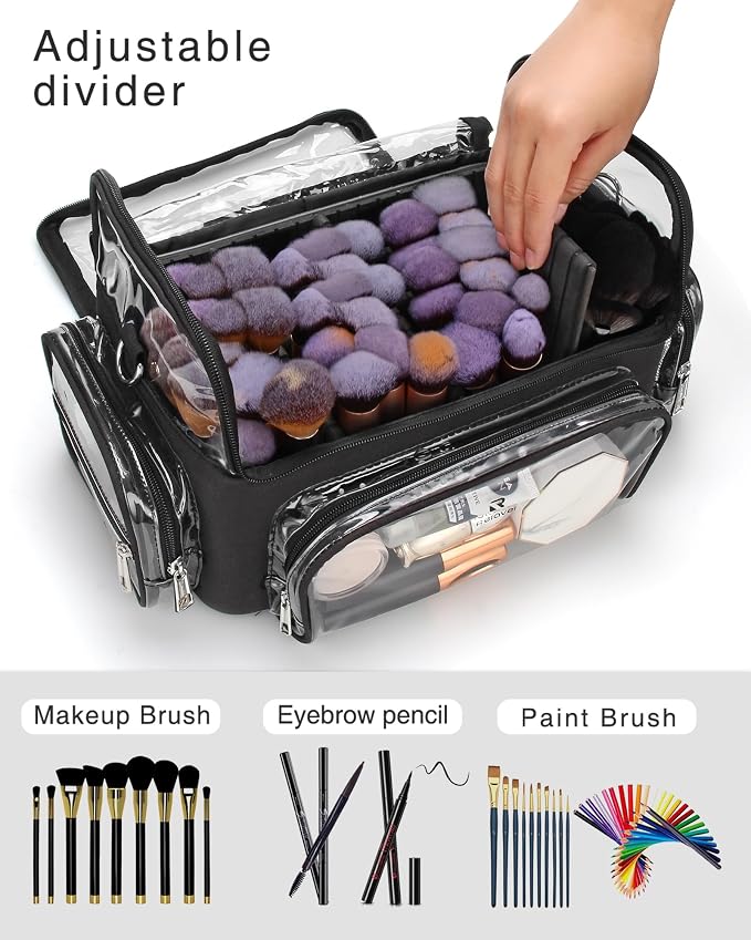 Makeup Brush Case, Extra Large Makeup Brush Bag XL Professional Makeup Artist Must Haves Travel Case with Stand Up Brush Slots Cosmetic Organizer Bag, Full Open Easy to Access, with Adjustable Strap - Image 3