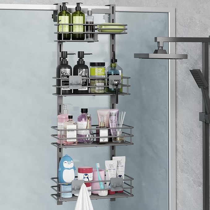 Orimade Over The Door Shower Caddy Adjustable 4 Tier Dark Grey,Bathroom Hanging Organizer Shelf Rustproof with 4 Hooks,Shower Basket with Soap Holder and Suction Cup by Orimade