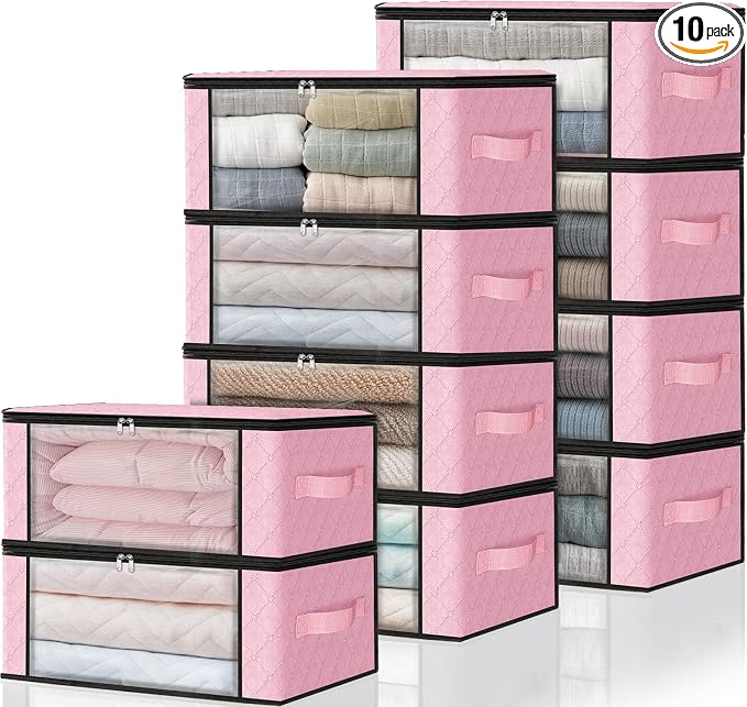 HomeHacks Storage 10-Pack Clothes Organizer Storage Bags Foldable Storage Box with Large Clear Window Sturdy Handles for Closet, Dorm, Pillows, Bedding, Clothes, Blankets, 35L, Pink by HomeHacks