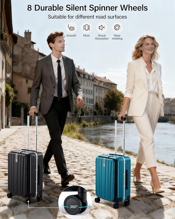 Hanke 20 Inch Carry-On Luggage PC Hard Shell Suitcases for Travel Front Opening Aluminum Frame Travel Luggage Rolling Suitcase with Wheels for Women Man Gifts.(Jet Black) - Image 9