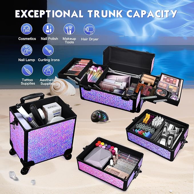 Stagiant Rolling Makeup Case Cosmetology Case on Wheels 4 in 1 Makeup Travel Case Extra Large Cosmetic Box with Key Make Up Artist Traveling Storage Nail Case Salon Barber Cart Trunk Shiny Purple - Image 3