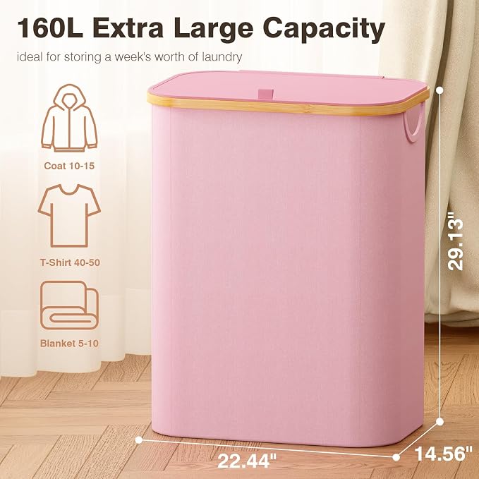 Hampers for Laundry Basket with Lid, 160L Large Laundry Hamper 3 Section | Dirty Clothes Hamper Separator with 3 Removable Bags & 5 Labels, Divided Laundry Organizer for Bedroom, Laundry Room, Pink - Image 2