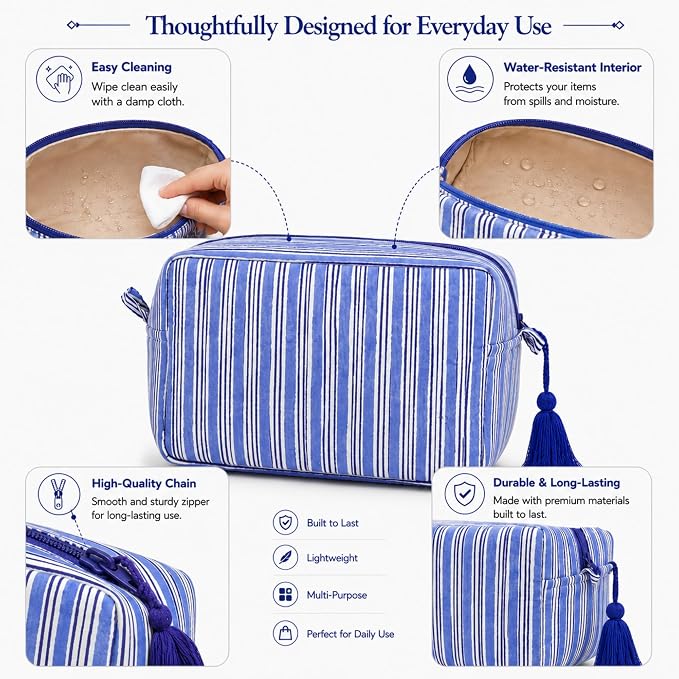 Huar Travel Makeup Bag- Large Capacity Cosmetic Bags for Women - Water Resistance Lining Portable Pouch & Open Toiletry Bag - Perfect Girls Makeup Organizer for Travel Essentials (Blue) - Image 3