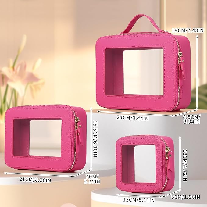 Clear Makeup Bag Set 3 Piece Travel Case for Cosmetics and Toiletries Women's Makeup Organizer and Car Essential with Zipper (Fuxia, L+M+MINI) - Image 5