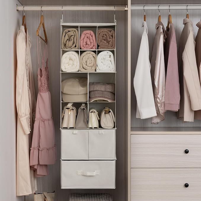 GRANNY SAYS Hanging Closet Organizer with Drawers, 6 Shelf Dividers Closet Hanging Organizer, Portable Foldable Hanging Shelves for Closet, Dorm Room, Bedroom, Kids Room, Beige - Image 2