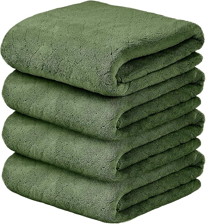 JML Pack of 4 Bath Towels, 30"x60", Large Microfiber Towel Set, Ultra Soft, Super Absorbent, Fast Drying, Perfect for Sauna, Shower, Pool, Sport, Travel, Fitness, SPA,Yoga, Coral Fleece-Olive-Green by JML