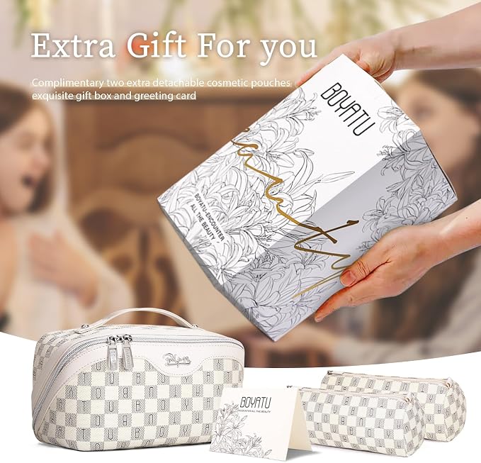 BOYATU Travel Makeup Bag Organizer Cosmetic Bag: 3 Pcs Set Make up Bags for Women with Handle - Waterproof Vegan Leather Toiletry Bags Travel Essentials Pouch with Compartments (H-03-White) - Image 5