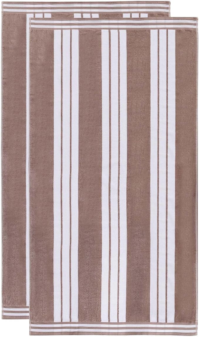 Superior Oversized Cotton Beach Towel Set of 2, Absorbent Towels for Bathroom, Pool, Swim, Adults, Kids, Vacation, Travel, Bath Sheet, Quick Dry Basics, Trip Essentials, Striped Decor, Taupe - Image 2