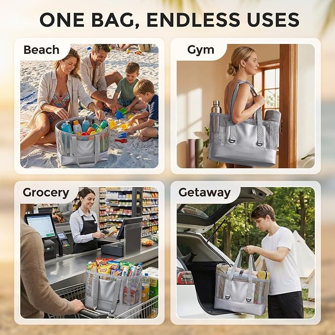 Large Mesh Beach Bag, Waterproof Bottom Tote, Structured Design Waterproof Pocket, Sandproof Pool Bag for Cruise Gym - Image 6