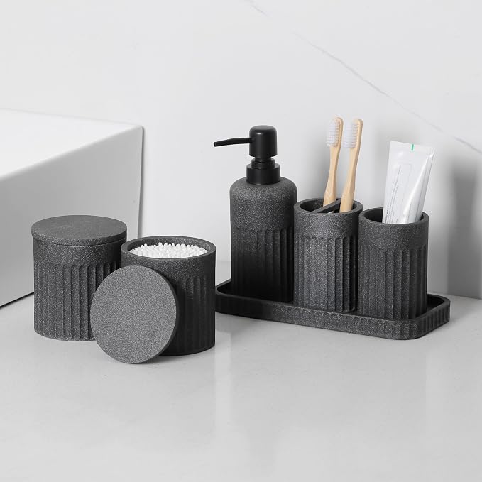 INIUNIK Bathroom Accessory Set - 6 Pieces Bathroom Accessories Set Complete with Soap Dispenser, Toothbrush Holders, Tumbler, Vanity Tray and 2 Qtip Holder for Home Organizer and Decor, Dark Grey - Image 2