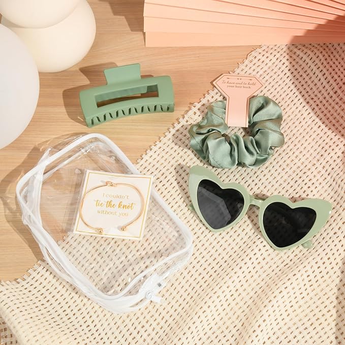DEEKA 5 Pcs Bridesmaid Proposal Bag Set Gift Clear Makeup Toiletry Bag Bachelorette Party Favors Sunglasses Hair Claw Clips Scrunchies Knot Bracelets Bridal Wedding Party Gifts (Sage Green) - Image 7