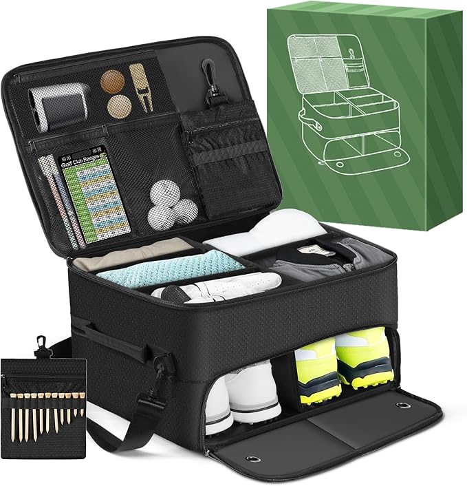 Golf Trunk Organizer for Car SUV with Shoe Compartment & Divider | 2-Layer Golf Storage Bag for Balls, Tees, Accessories | Waterproof Golf Locker Gift for Men, Dad, Golfers - Image 2
