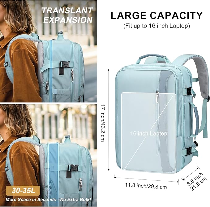 PIJUSHI Travel Backpack for Women, Fits 16" Laptop, Expandable 30L to 35L | Airline Approved Carry-on Luggage with Padded Laptop Compartment, USB Port, Wet Pocket, For Business, Commute - Image 3
