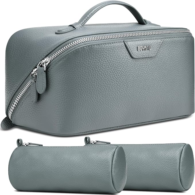 BOYATU Genuine Leather Travel Makeup Bag: Large Capacity 3 Pcs Set Cosmetic Bags for Women - Designer Waterproof Hand-made for Toiletry Organizer - Ladies Travel Essentials for Elegance (03Blue) by BOYATU
