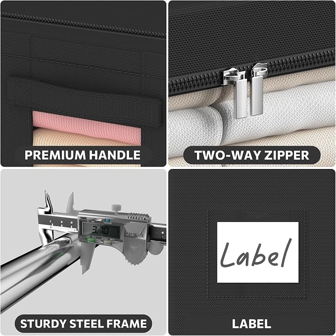 CYhom 3Pack Frame Storage Box - Clothes Storage Bin Bags Oxford Fabric Foldable Stackable Container Organizer Set with Clear Window & Carry Handles (Black, Large-66L) - Image 6