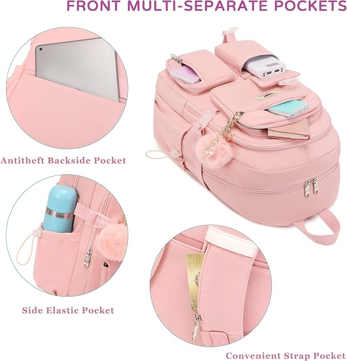 Laptop Backpack 15.6 Inch Elementary Middle High School Bag College Backpacks with Lunch Box Pencil Pouch 3 PCS Set Travel Bookbags for Teens Girls Women Students (Pink) - Image 3