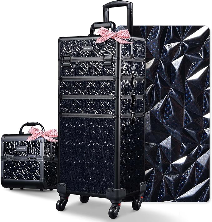 BYOOTIQUE 4in1 Cosmetology Case on Wheels w/Cosmetic Storage Makeup Artist | Aluminum Rolling Makeup Suitcase 360° Detachable Wheel Lockable Makeup Case Organizer w/ Mirror Nail Tech Mermaid Black by BYOOTIQUE