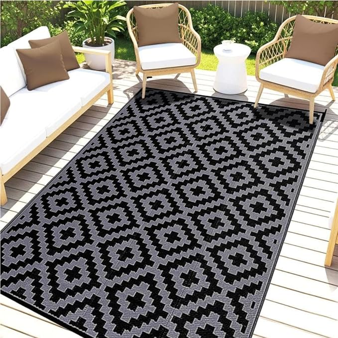 Outdoor Rugs, Outdoor Plastic Straw Rug, Reversible Waterproof Carpet for Camping, Poolside, Garden, BBQ Area, Gazebo Flooring, RV Park & Beach, Square Pattern, Black & Light Gray, 5'x8' by Unknown