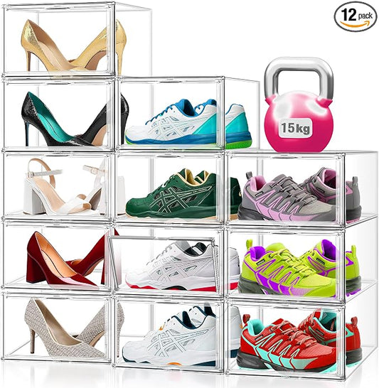 12 Pack Acrylic Clear Shoe Storage Boxes Size 12, Transparent Display Case for Sneaker Collections, Baseball Caps, Hat Organizer Dust-free Shoe Cubbies Stackable Sneaker Boxes by EZJOB