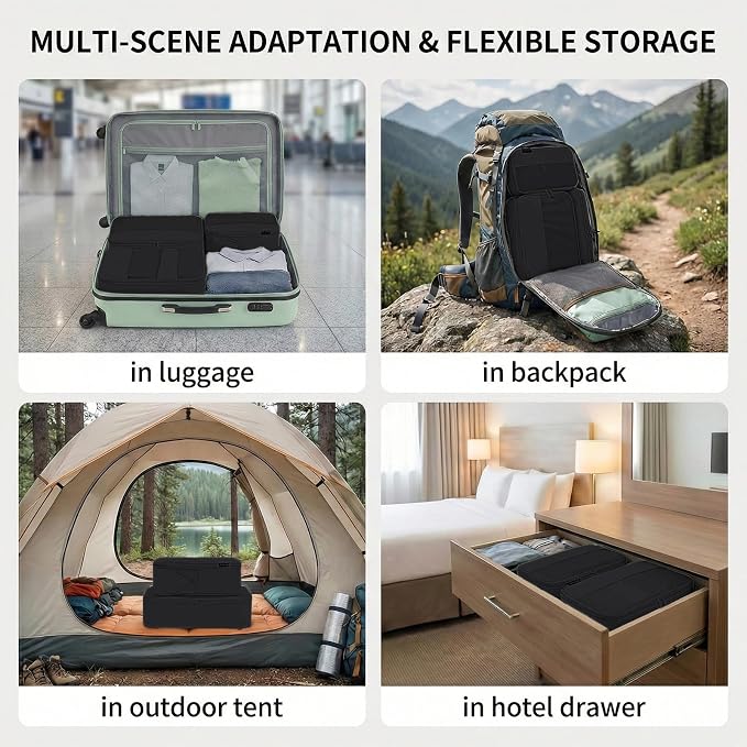 4 Piece Compression Packing Cubes for 3–7 Day Travel, Jet Black | Wrinkle-Resistant Memory Fabric, Breathable Mesh Panel, Double-Zipper, Small to Large Size Bag, Smart Organization - Image 6