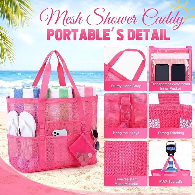 Hillban Large Mesh Beach Bag Bulk for Women Waterproof Sandproof Pool Tote Bag with 8 Pocket Small Zipper Pouch with Ring - Image 4