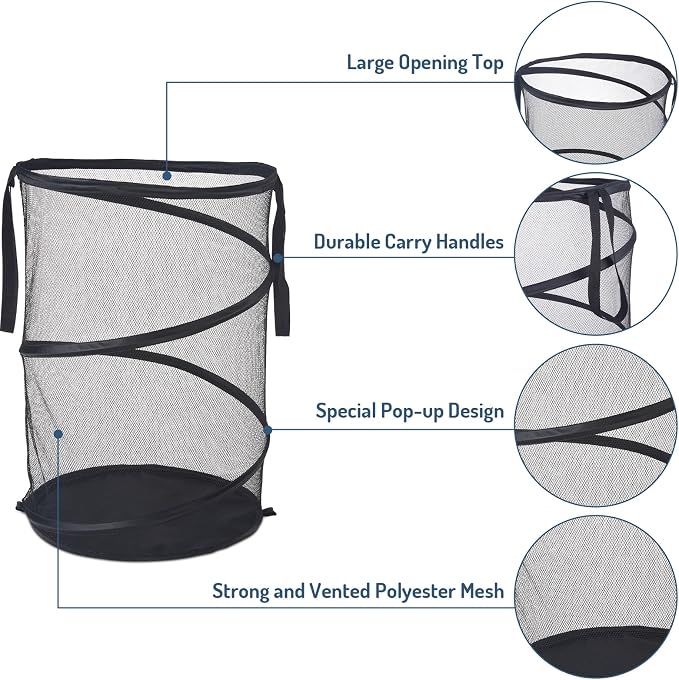 Seiritex Mesh Popup Laundry Hamper 115L Foldable Laundry Basket Extra Large Capacity Collapsible Clothing Storage Basket with Handles 26 H x 18 W x 18 L (Black) - Image 4