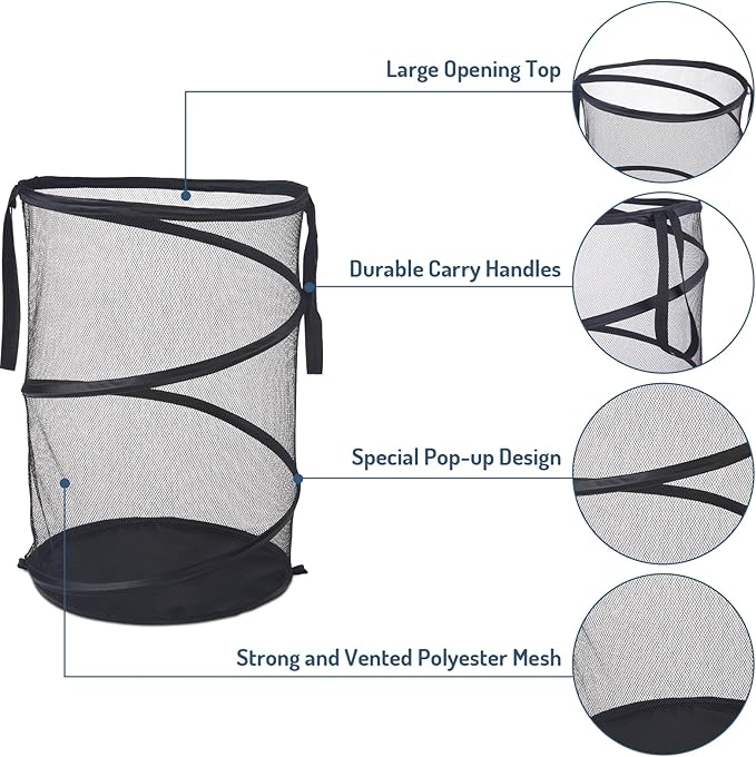Seiritex Mesh Popup Laundry Hamper 115L Foldable Laundry Basket Extra Large Capacity Collapsible Clothing Storage Basket with Handles 26 H x 18 W x 18 L (Black) - Image 4
