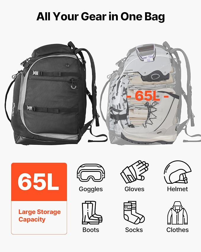 VEVOR Ski Boot Bag, Snowboard Boots Travel Backpack for Men Women, with Waterproof Exterior & Bottom, Durable 1680D Oxford, Bag for Skis, Snowboard, Helmet, Goggles, Gloves, Accessories - Image 2