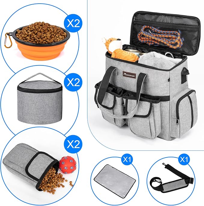 Dog Travel Bag, Airline Approved Pet Travel Bag with 2 Dog Treat Training Pouches for Weekend Pet Travel Supplies & Accessories, Light Grey | Dog travel accessories set with feeding supplies, bowls, mat, and strap. Ideal for weekend trips. - Image 3