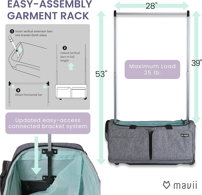 Mavii Dance Bag with Garment Rack - Wheeled 28 Inch Collapsible Travel Bag, Rolling Garment Rack Luggage, Gray - Image 7