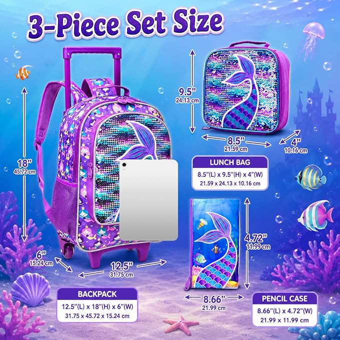 AGSDON 3PCS Rolling Backpack for Girls Boys, Kids Roller Wheels Bookbag, Wheeled School Bag with Lunch Bag - Image 5