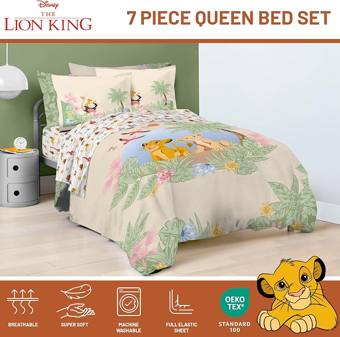 Disney Lion King Simba Queen Comforter Set 7 Piece Kids Bedding, Multi | Safari Animal, Comforter Sheets Shams Pillowcases, Official Brand, Soft Microfiber, Machine Washable, Easy Care, Kids Gift - Image 4