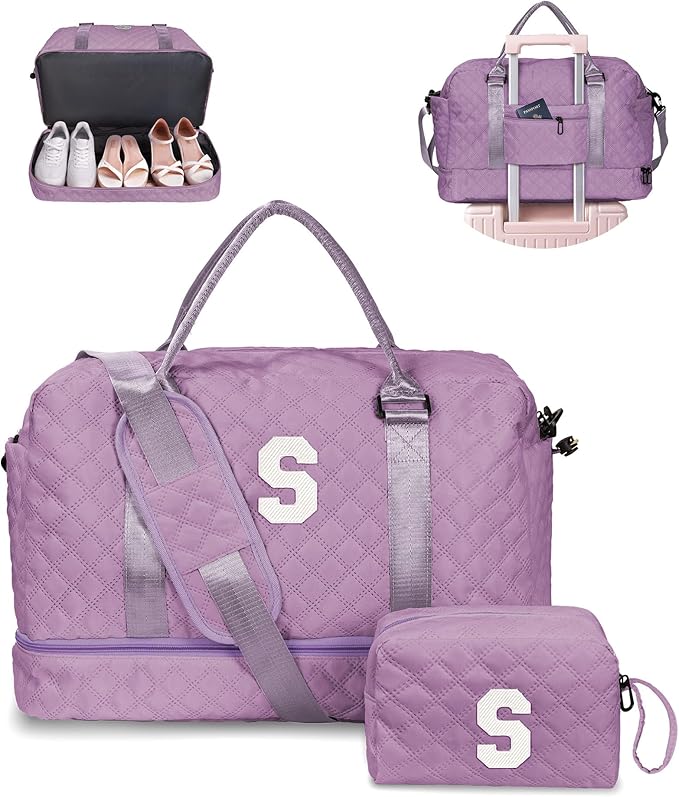 Weekender Bags for Women-Personalized Initial Duffle Bag - Overnight Dance Bag with Shoe Compartment & Monogram Travel Bag - Friend Gift Personalized Gifts for Women Teen Girls(Letter S) by Vogewood